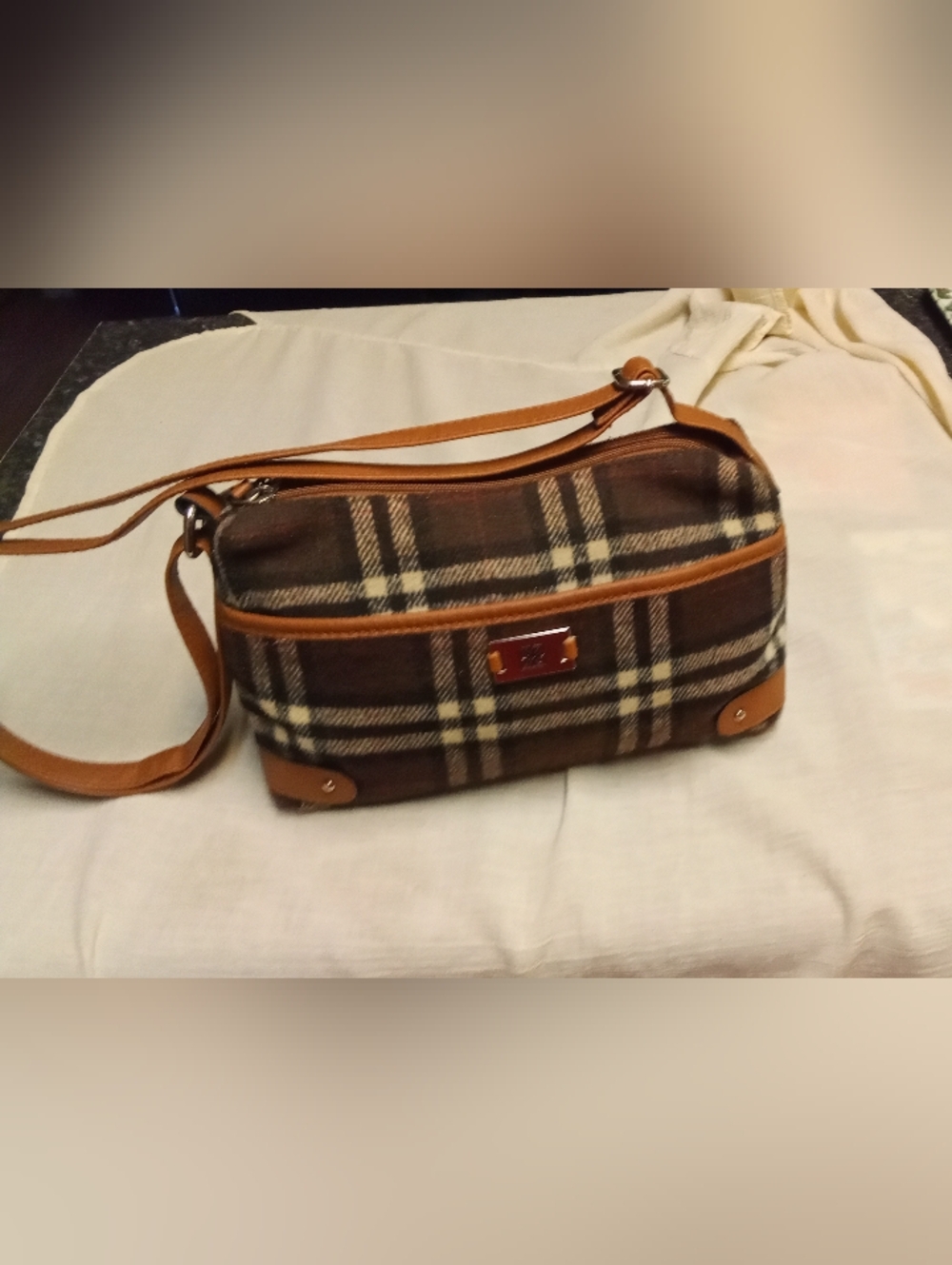 Plaid Crossbody Bag with Brown Accents